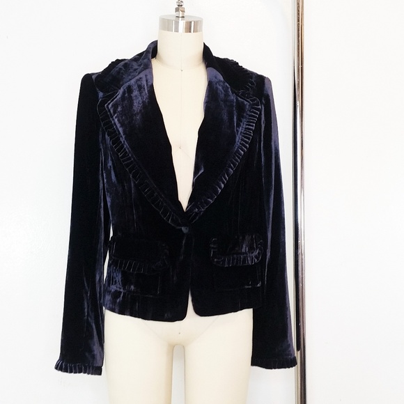 INC International Concepts Jackets & Blazers - Blue Panne Velvet Blazer Jacket Ruffle Trim
